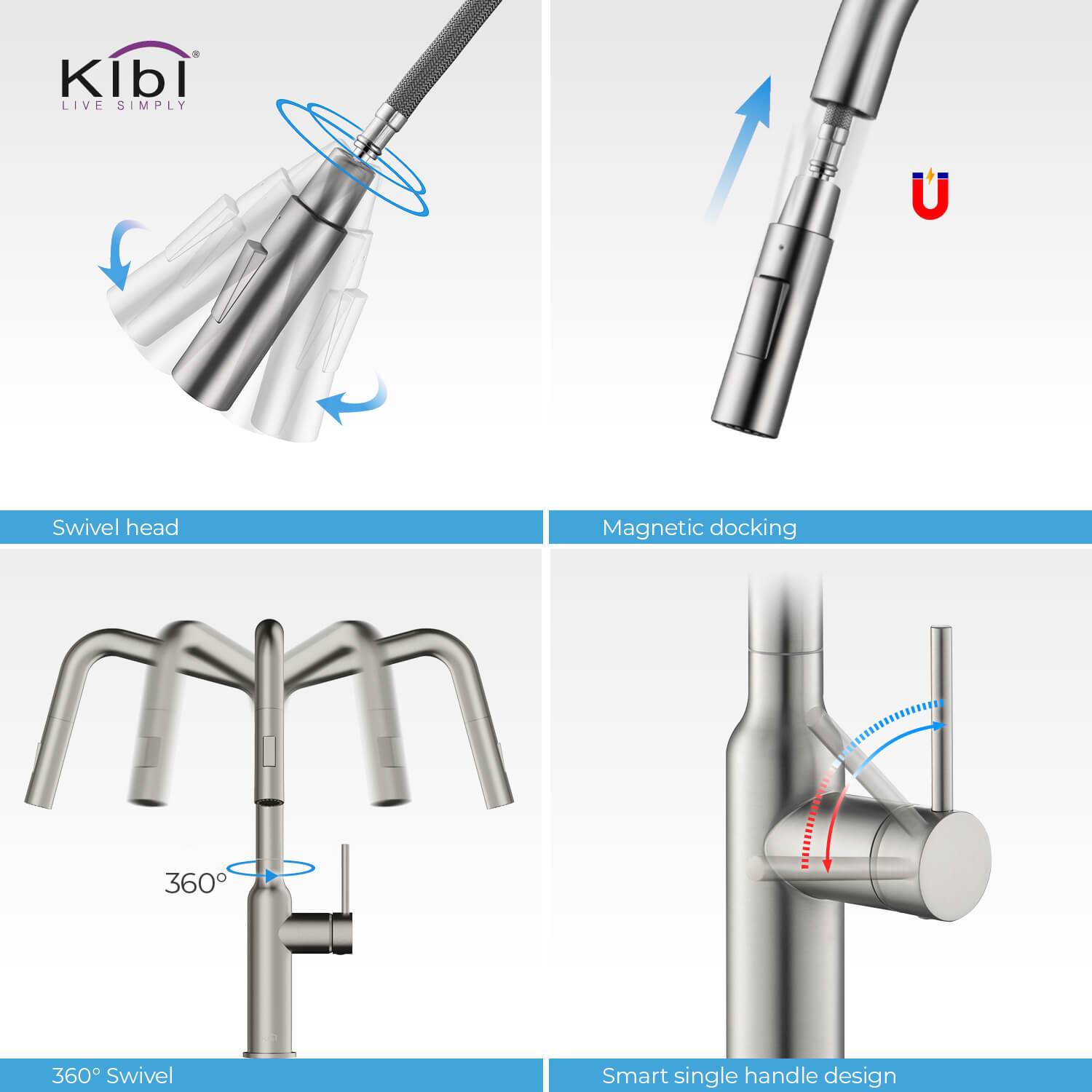 Kibi Macon Single Handle High Arc Pull Down Kitchen Faucet With Soap Dispenser in Brushed Nickel Finish - C-KKF2007BN-KSD100BN