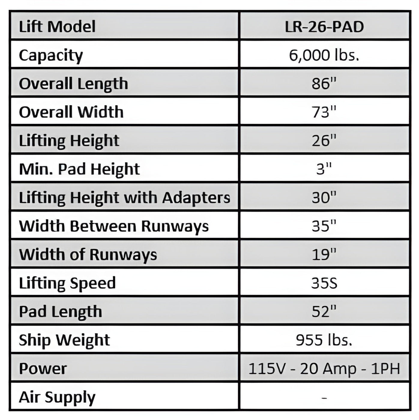 Tuxedo 6,000 lb Low-Rise Scissor Lift -  LR-26-PAD