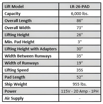 Tuxedo 6,000 lb Low-Rise Scissor Lift -  LR-26-PAD
