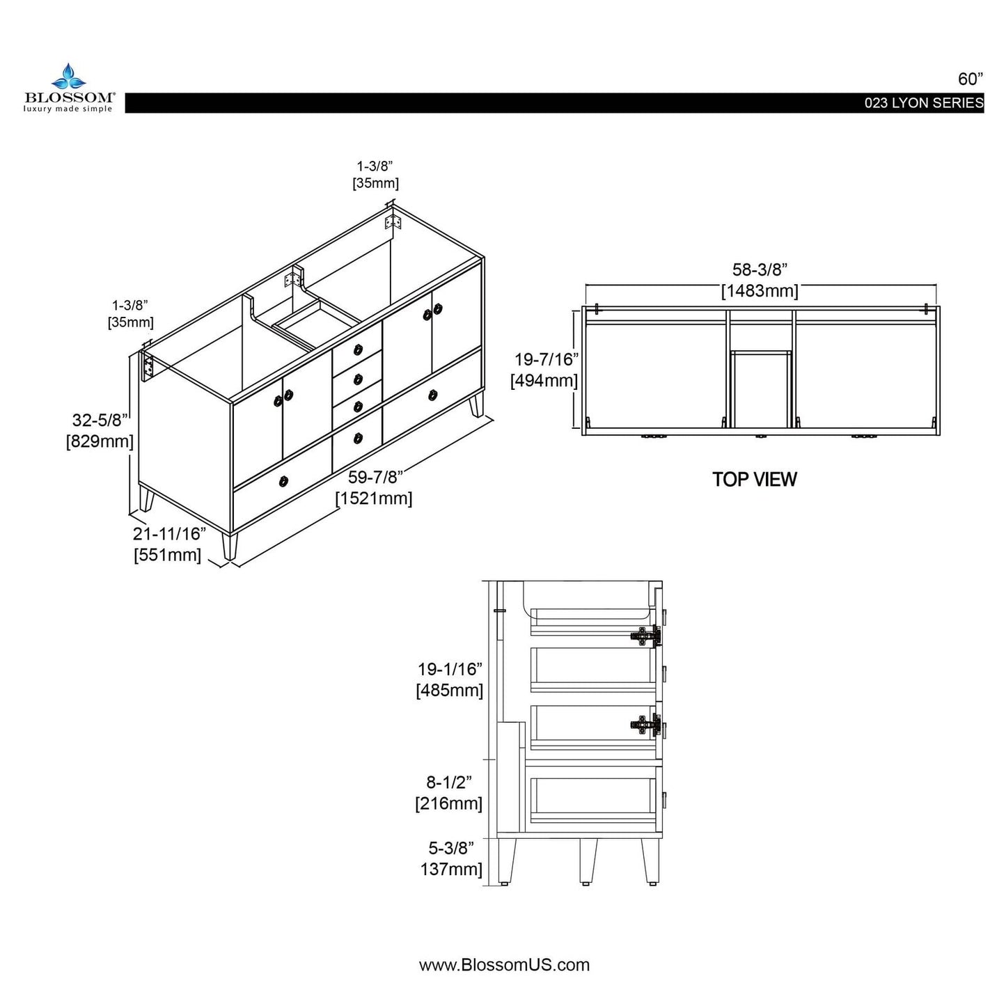 Blossom Lyon 60 Inch Bathroom Vanity - V8023 60 01