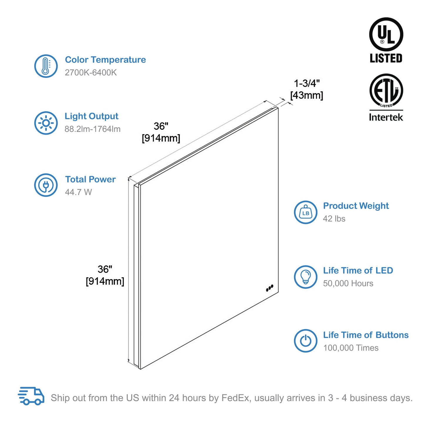 Blossom Beta 36″x36″ LED Mirror with Frosted Sides - LED M2 3636