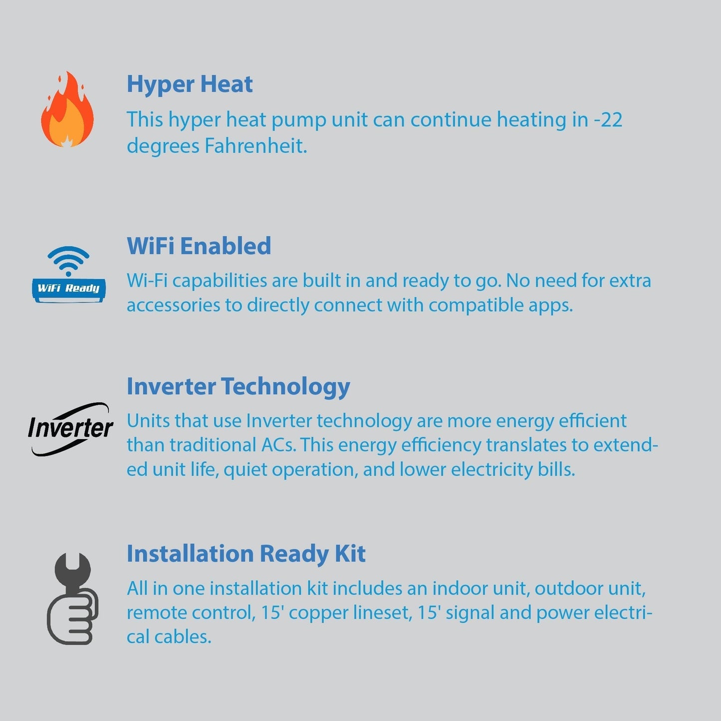 Air-Con Blue Hyper 18000 BTU 21 SEER Hyper Heat Mini Split Air Conditioner 15ft Lineset & Wiring - ABHCI/ABHEM4H4S18