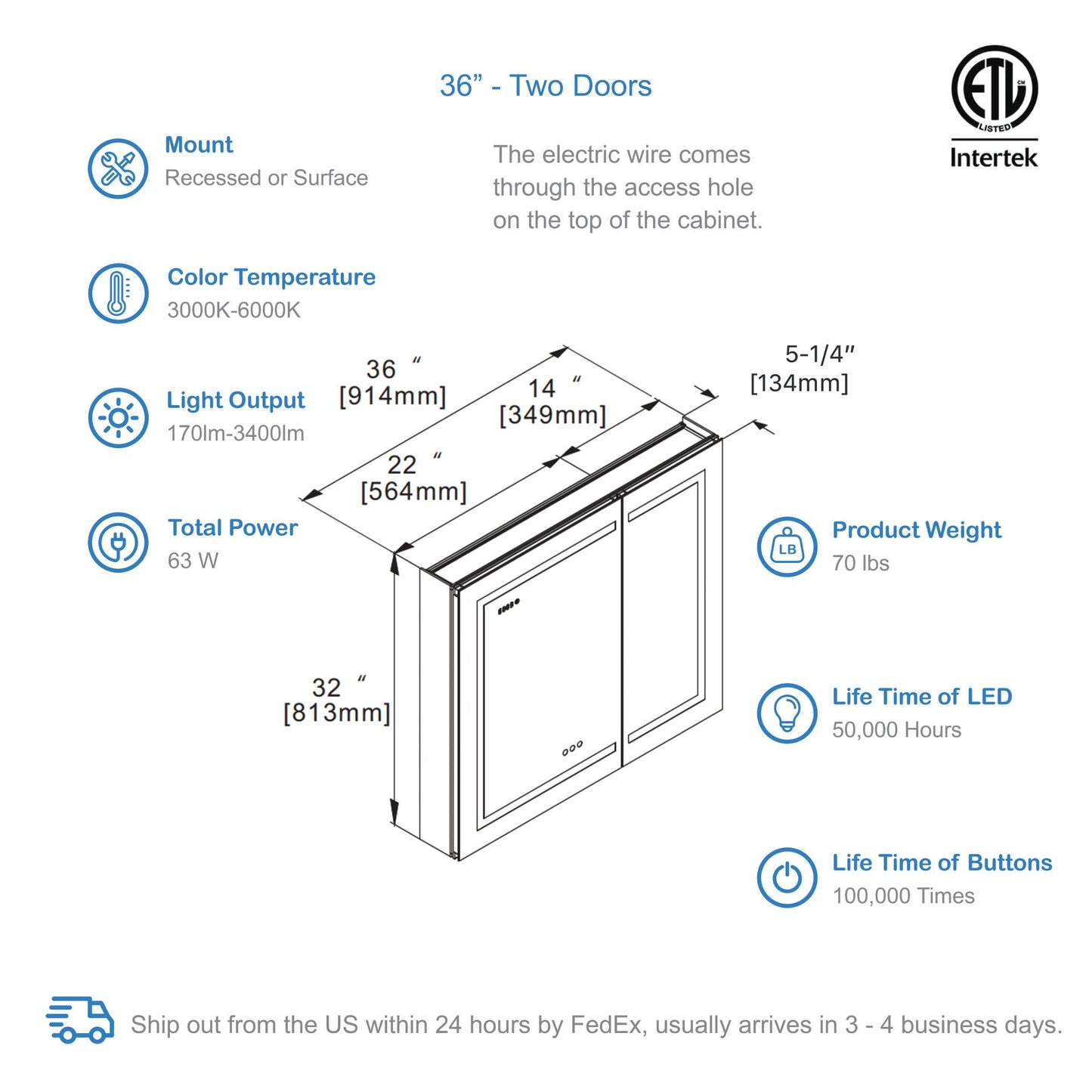 Blossom Asta – 36 Inches LED Medicine Cabinet - MCL2 3632
