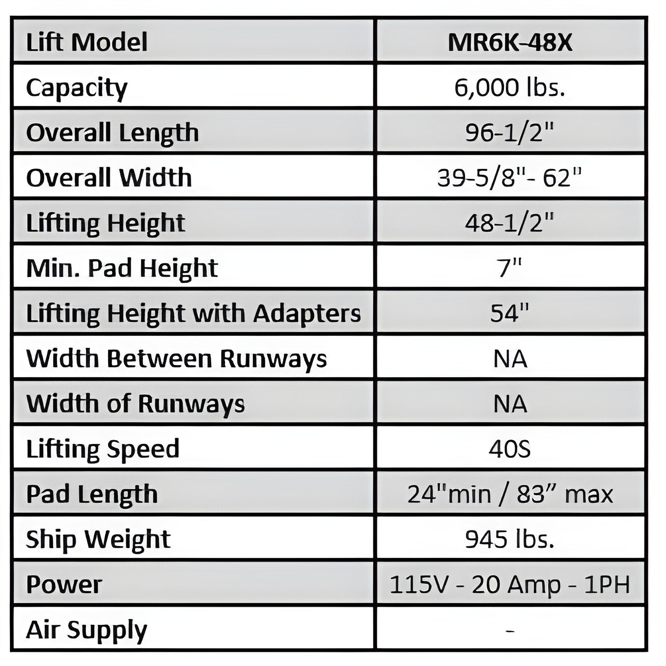 Tuxedo  6,000 lb Mid-Rise Scissor Lift - MR6K-48X