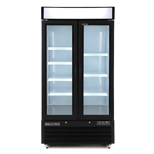 Maxx Cold Double Glass Door Narrow Width Merchandiser Refrigerator, Swing Door, 36 cu. ft., White - MXM2-36RHC