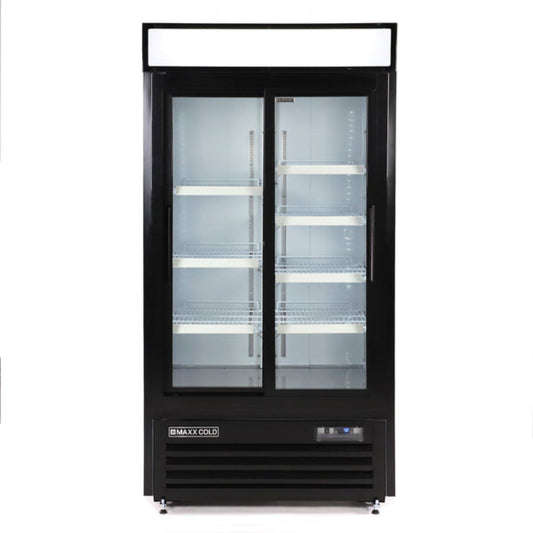 Maxx Cold Double Glass Door Narrow Width Merchandiser Refrigerator, Sliding Door, 36 cu. ft., Black - MXM2-36RSBHC