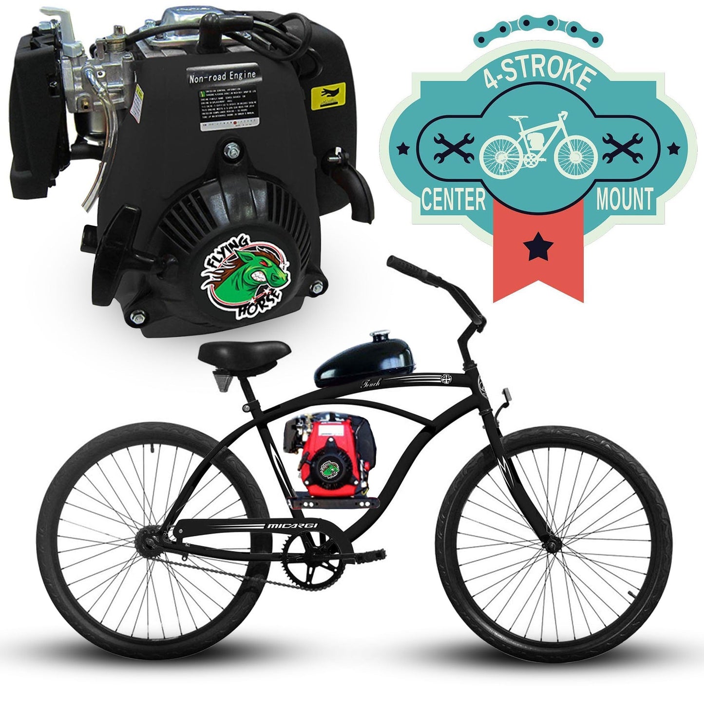 Tracer 26 Inch Men's Ace Beach Cruiser + 4 Stroke Chain Drive - FH-TRANSKIT-4S + FH-ENGINE-4S + FH-HD4STROKEMP + CC-15337 + MB-TOUCH-M-BK