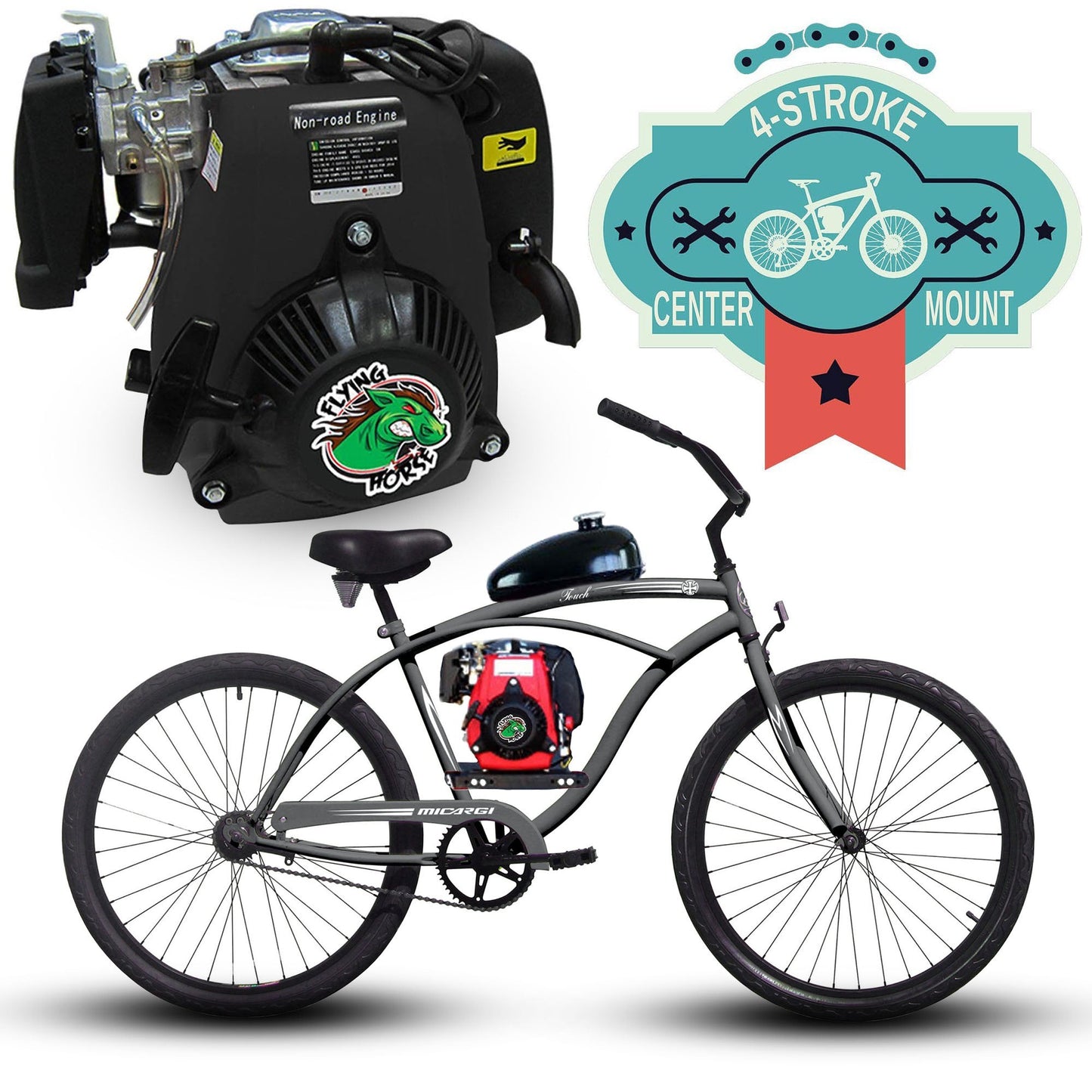 Tracer 26 Inch Men's Ace Beach Cruiser + 4 Stroke Chain Drive - FH-TRANSKIT-4S + FH-ENGINE-4S + FH-HD4STROKEMP + CC-15337 + MB-TOUCH-M-BK