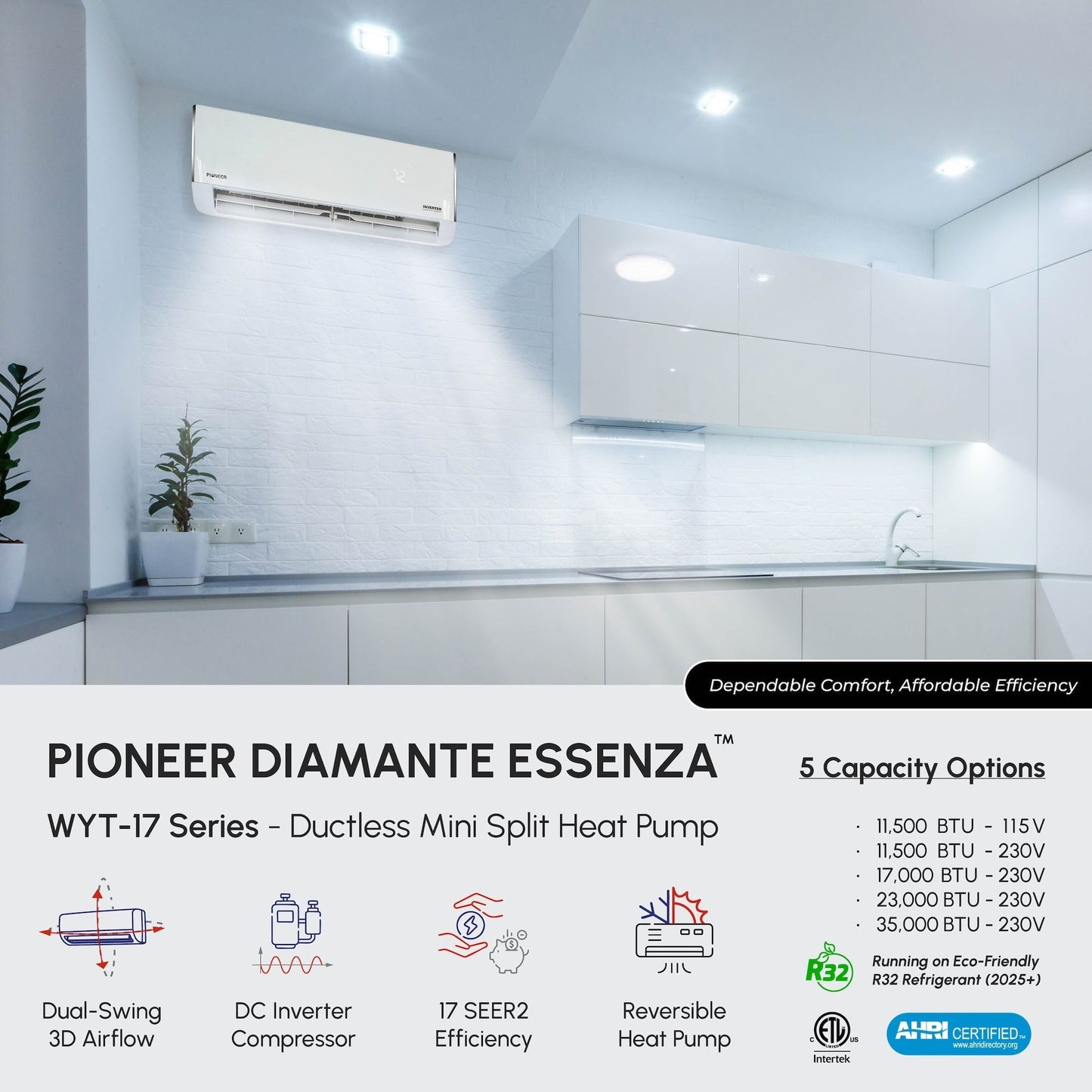 Pioneer® Diamante Essenza™ 11,500 BTU 17 SEER2 230V High-Wall Ductless Mini-Split Air Conditioner Inverter Heat Pump with 16 Ft. Kit - WYT012GLUI17RL