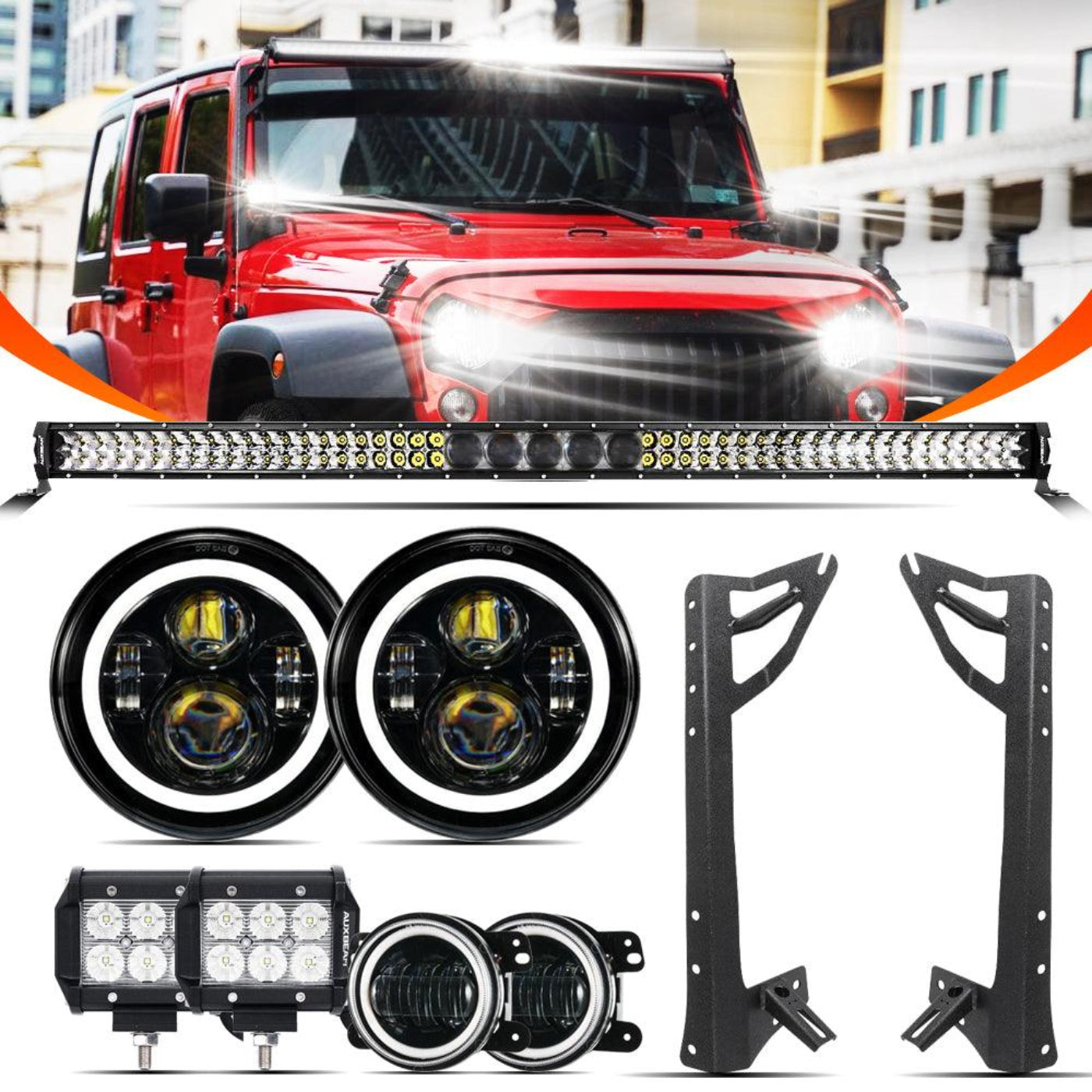 Auxbeam 7" LED Halo Headlights + 4" Inch LED Fog Lights with DRL + 5D-PRO 52" Straight LED Light Bar + Windshield Mounting Brackets + 18W Flood Beam Pod Lights Set for for Jeep Wrangler JK - GP00007761