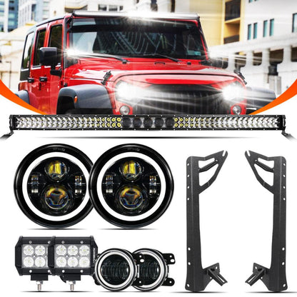 Auxbeam 7" LED Halo Headlights + 4" Inch LED Fog Lights with DRL + 5D-PRO 52" Straight LED Light Bar + Windshield Mounting Brackets + 18W Flood Beam Pod Lights Set for for Jeep Wrangler JK - GP00007761