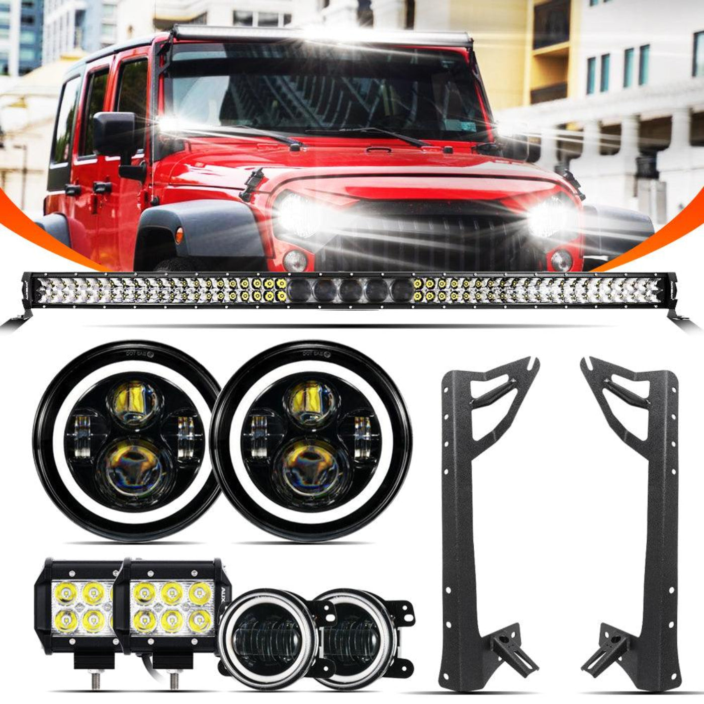 Auxbeam 7" LED Halo Headlights + 4" Inch LED Fog Lights with DRL + 5D-PRO 52" Straight LED Light Bar + Windshield Mounting Brackets + 18W Spot Beam Pod Lights Set for for Jeep Wrangler JK - GP00007760