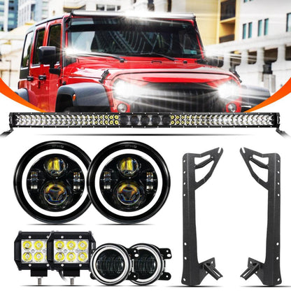 Auxbeam 7" LED Halo Headlights + 4" Inch LED Fog Lights with DRL + 5D-PRO 52" Straight LED Light Bar + Windshield Mounting Brackets + 18W Spot Beam Pod Lights Set for for Jeep Wrangler JK - GP00007760