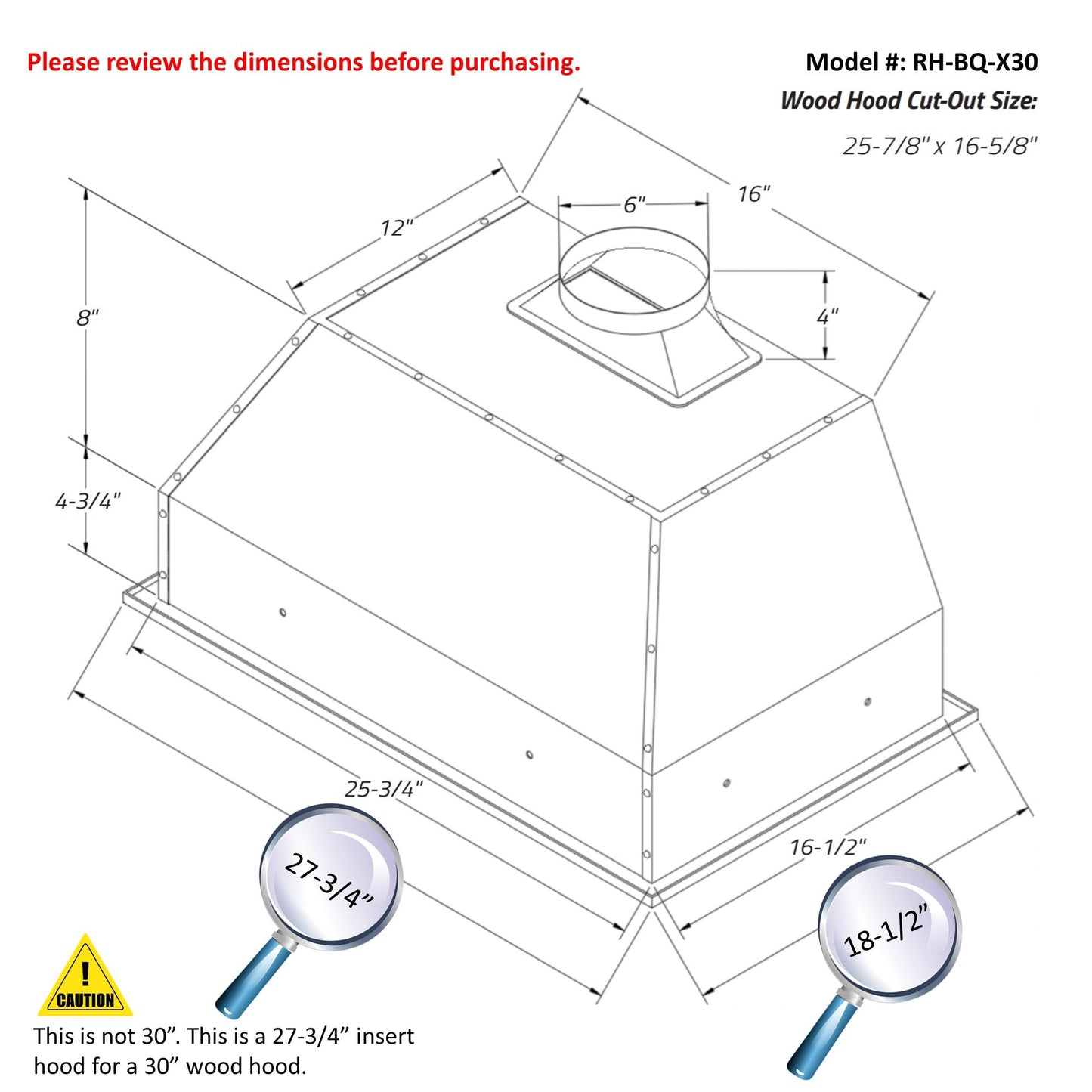 Awoco RH-BQ-X 18.5” Depth Ducted Built-in/Insert Stainless Steel Range Hood, 4-Speed, 700 CFM, LED Lights, Baffle Filters for Wood Hood - RH-BQ-X30