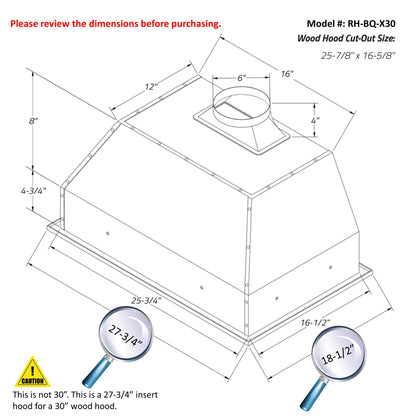 Awoco RH-BQ-X 18.5” Depth Ducted Built-in/Insert Stainless Steel Range Hood, 4-Speed, 700 CFM, LED Lights, Baffle Filters for Wood Hood - RH-BQ-X30