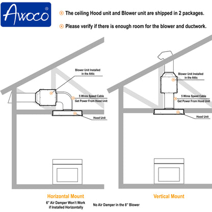 Awoco RH-IT06-R Ceiling Mount 14-1/2”D Super Quiet Split Stainless Steel Range Hood, 4-Speed, 800 CFM, Mesh Filters, Remote Control with 6” Blower - RH-IT06-R30-COLD