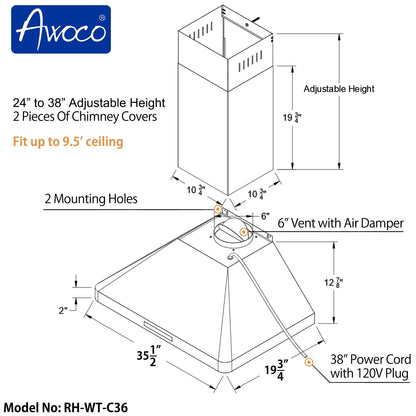 Awoco RH-WT-C Wall Mount Stainless Steel Range Hood, 3 Speeds, 6” Round Top Vent, 800CFM, 2 LED Lights, with Remote Control - RH-WT-C30