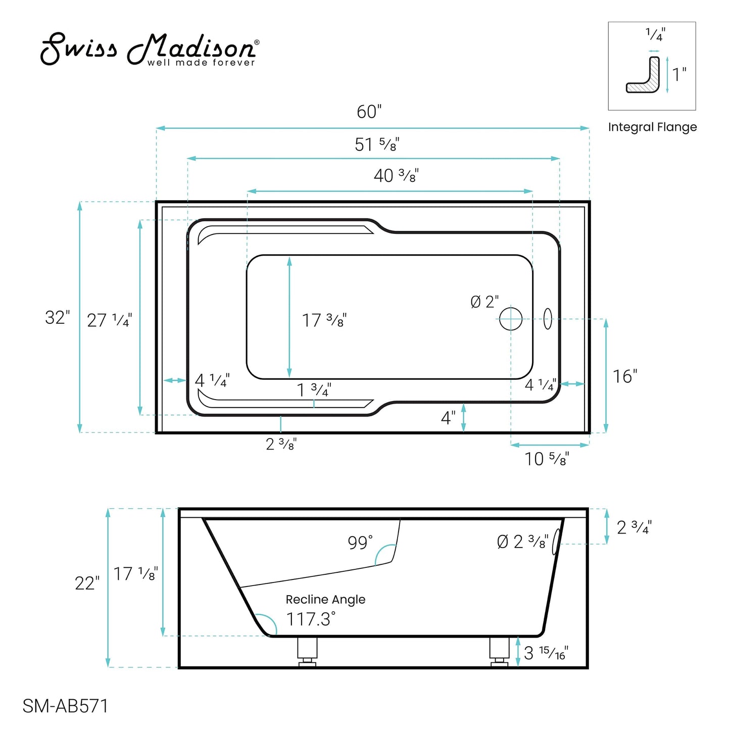 Swiss Madison Claire 60" x 32" Right-Hand Drain Drain Alcove Tub with Corner Apron - SM-AB571 - Backyard Provider