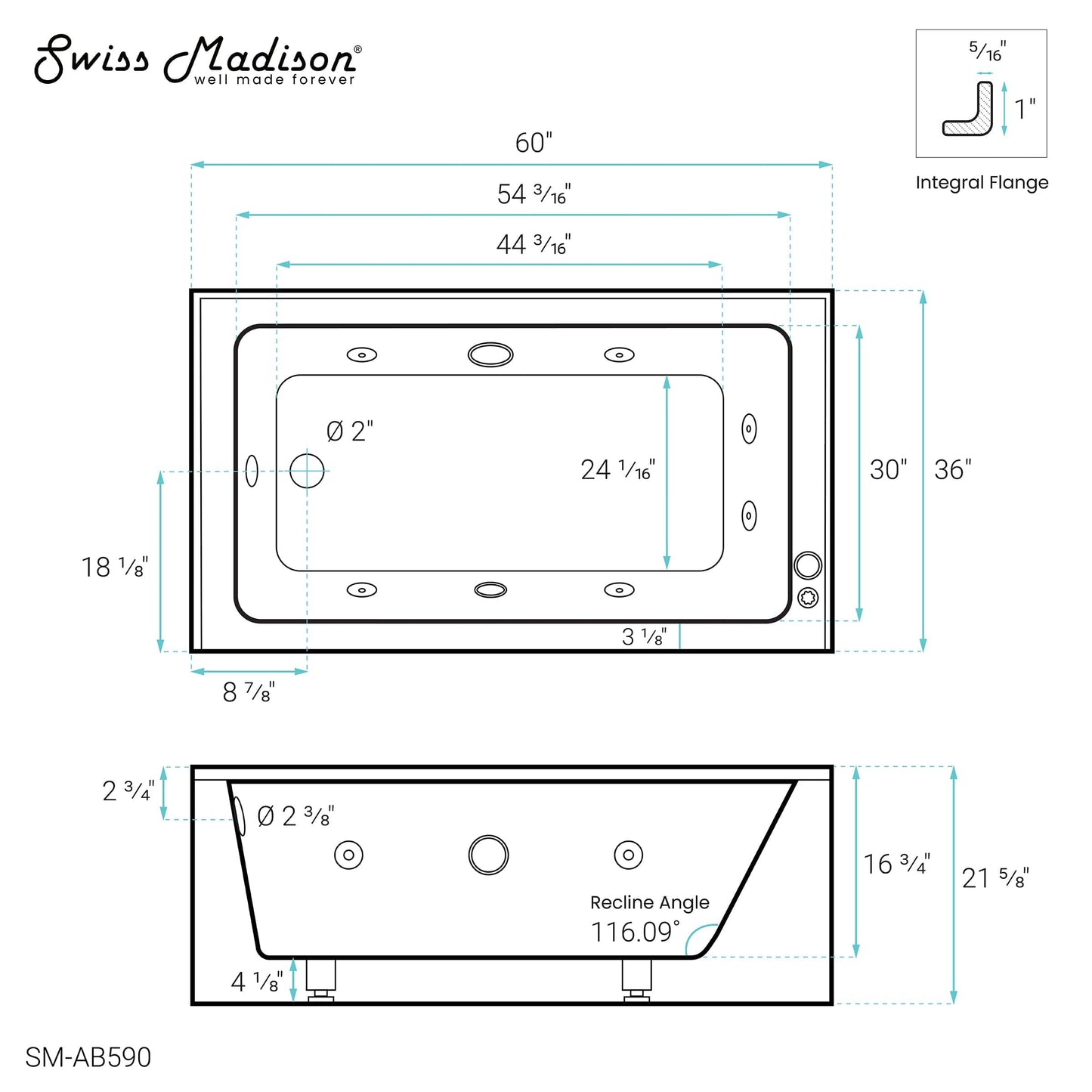 Swiss Madison Avancer 60" x 36" Left-Hand Drain Rectangular Alcove Whirlpool Bathtub with Apron - SM-AB590 - Backyard Provider