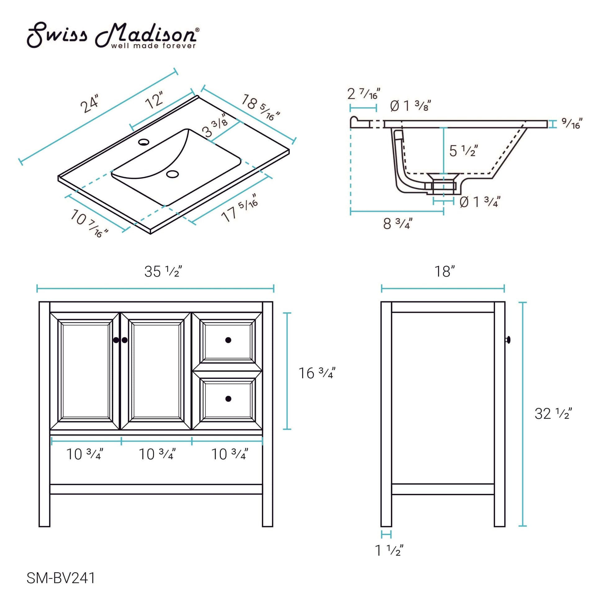Swiss Madison Château 36" Bathroom Vanity in Natural Oak - SM-BV241 - Backyard Provider