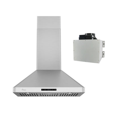 Awoco RH-WT-C Wall Mount Stainless Steel Range Hood, 3 Speeds, 800CFM, 2 LED Lights, Remote Control, With 6” Blower Unit - RH-WT-C30+RH-SP06-BLW