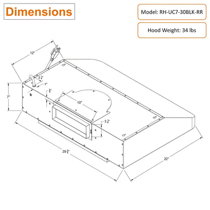 Awoco RH-UC7 30” Under Cabinet 7” High Stainless Steel Black Range Hood, 6 Speeds with Gesture Sensing Touch Control Panel, 900 CFM with Remote Control, 5W LED Light Bar -  RH-UC7-30BLK-6