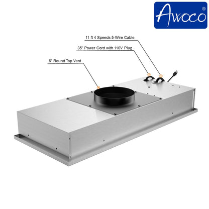 Awoco RH-IT06-R Ceiling Mount 14-1/2”D Super Quiet Split Stainless Steel Range Hood, 4-Speed, 800 CFM, Mesh Filters, Remote Control with 6” Blower - RH-IT06-R30-COLD
