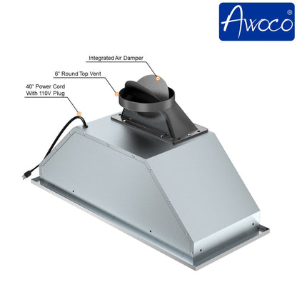 Awoco RH-BQ-R 14-1/2”D Built-in/Insert Stainless Steel Range Hood, 4-Speed, 650 CFM, LED Lights, Baffle Filters for Wood Hood - RH-BQ-R30