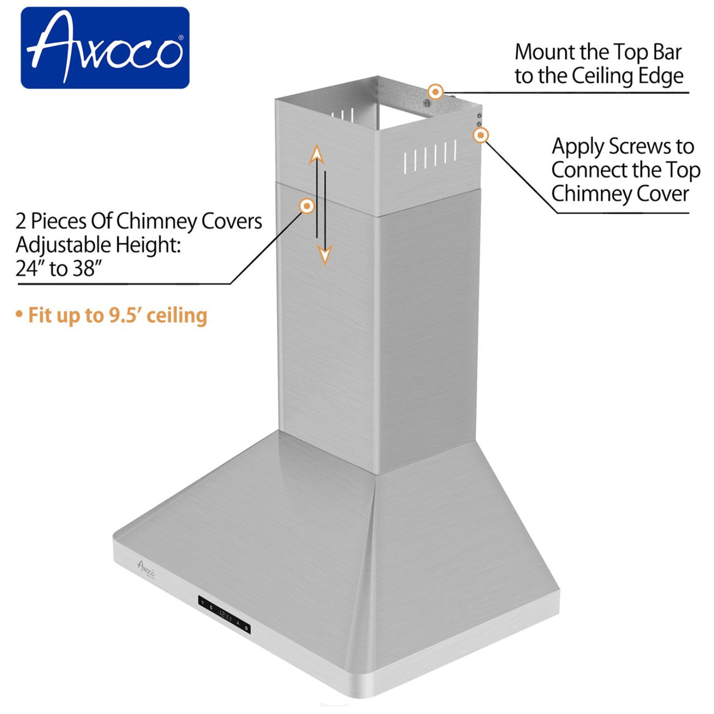 Awoco RH-WT-C Wall Mount Stainless Steel Range Hood, 3 Speeds, 800CFM, 2 LED Lights, Remote Control, With 6” Blower Unit - RH-WT-C30+RH-SP06-BLW