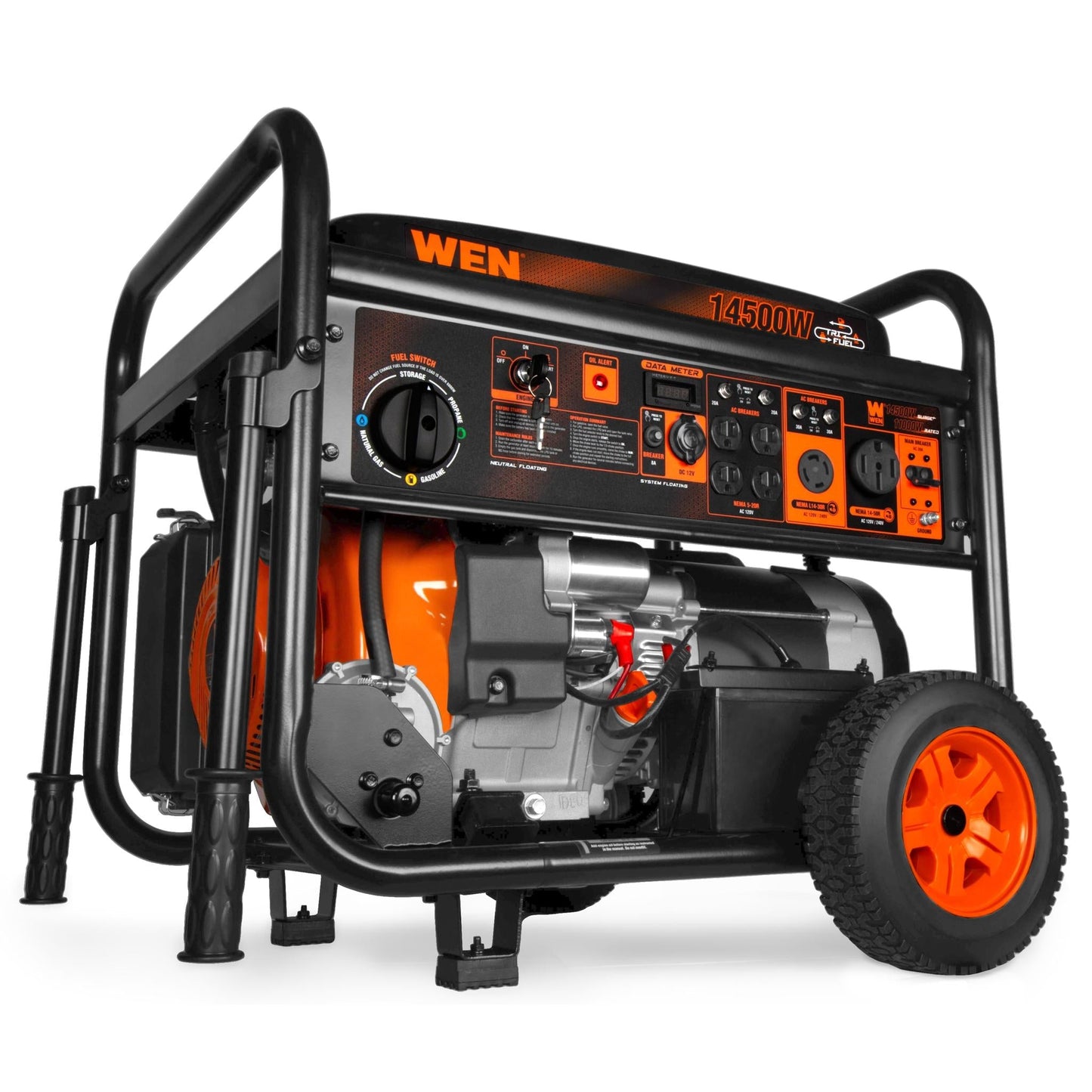 WEN TF1450 14500-Watt 120V/240V Tri-Fuel Generator, Transfer-Switch Ready with Electric Start and Wheel Kit - TF1450