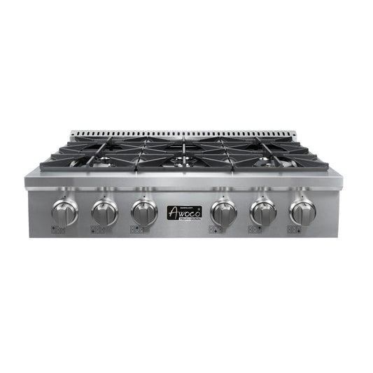 Awoco Professional 36” Stainless Steel NG / LPG Convertible Gas Rangetop with 6 Sealed Burners - TOP36A1