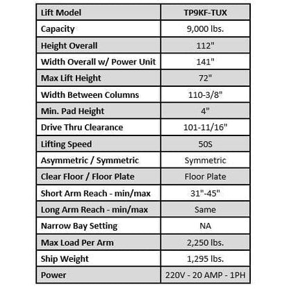 Tuxedo TP9KF-TUX 9,000 lb Two Post Floor Plate - Symmetric - TP9KF-TUX