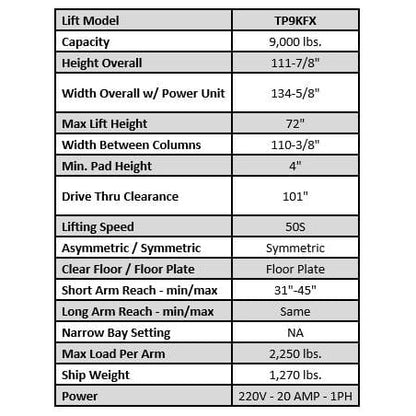 Tuxedo 9,000 lb Two Post Floor Plate - Symmetric - TP9KFX