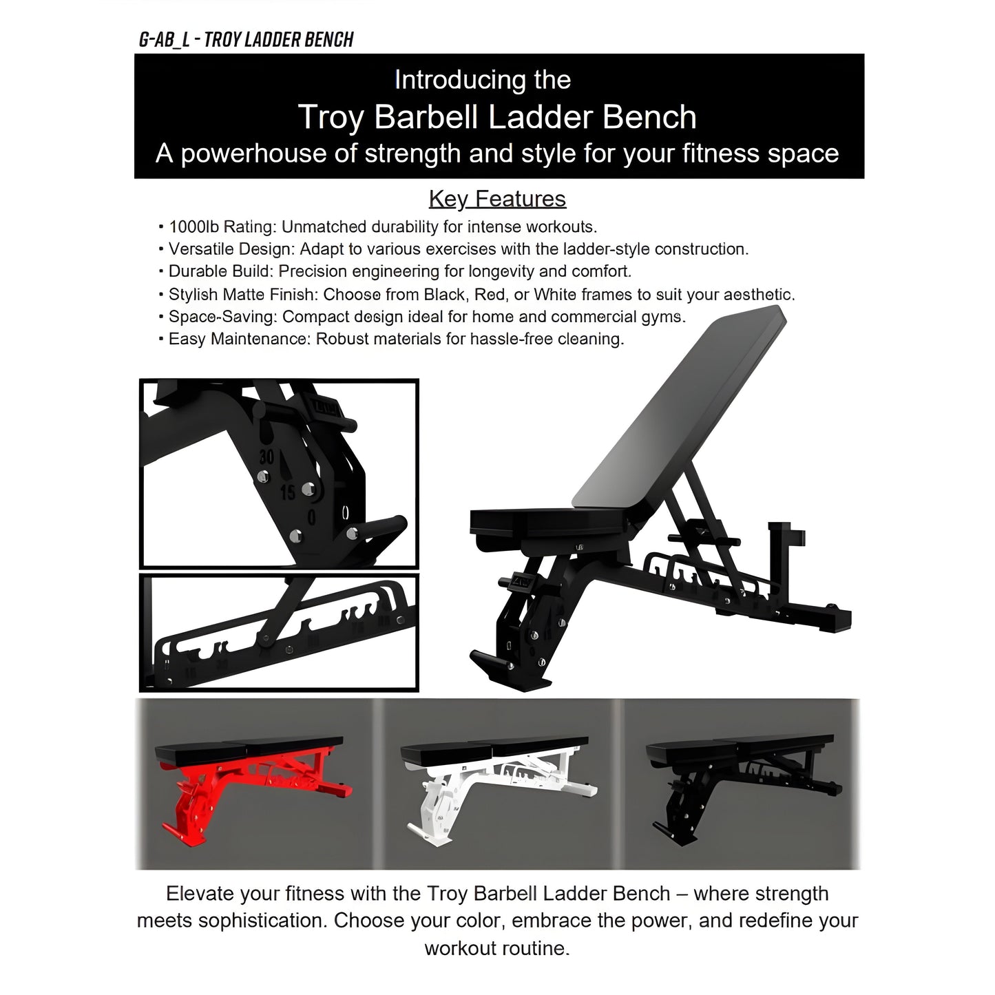 TROY Commercial Adjustable Ladder Bench - G-AB-L-BLK-1