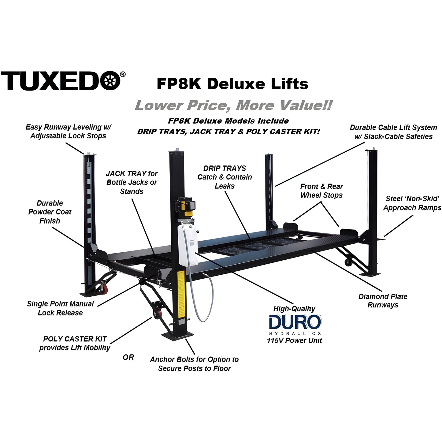 Tuxedo FP8K-DX 8,000 lb Deluxe Storage Lift - Poly casters, drip trays, jack tray - FP8K-DX
