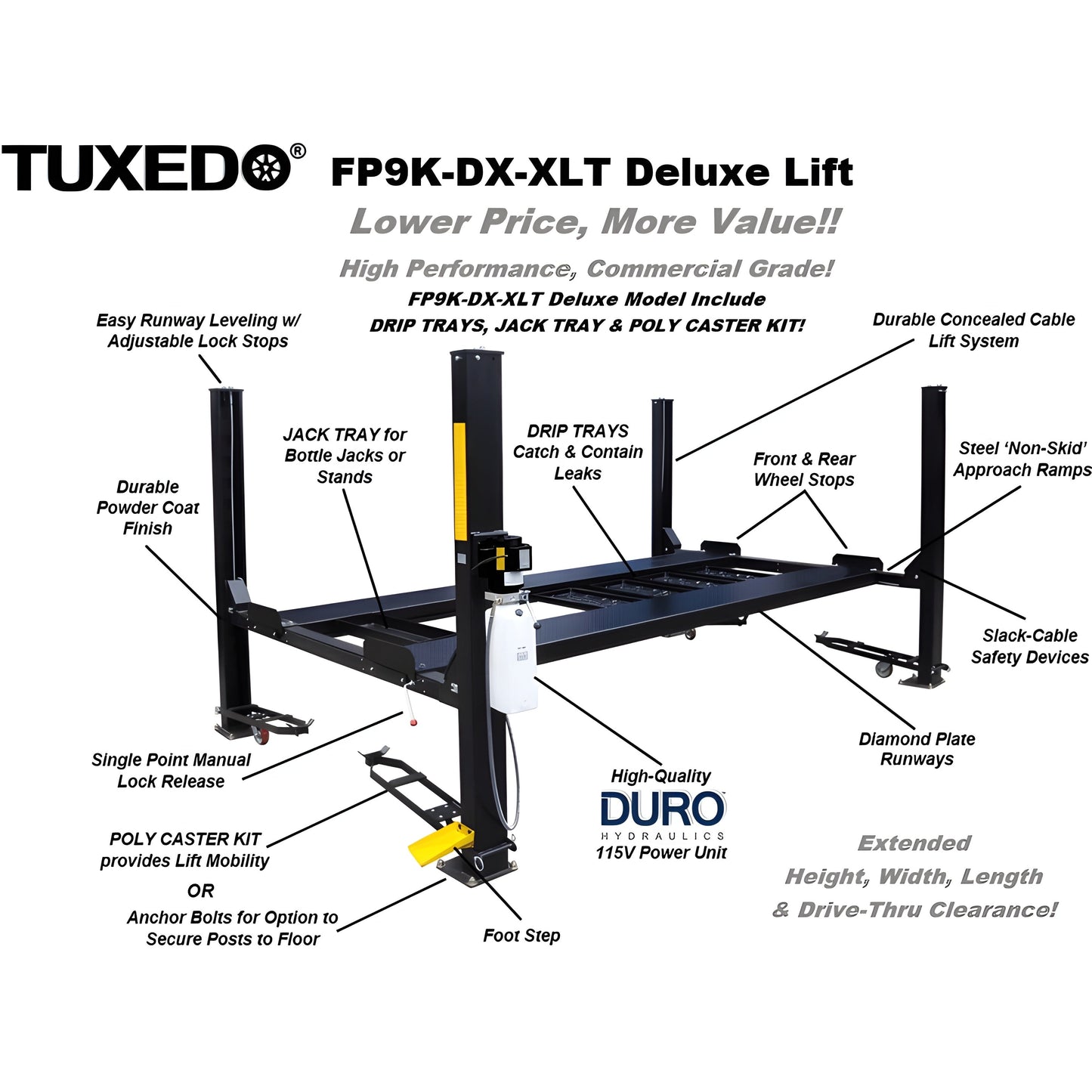 Tuxedo 9,000 lb Deluxe Storage Lift Extended Length / Height - Poly casters,  - FP9K-DX-XLT-