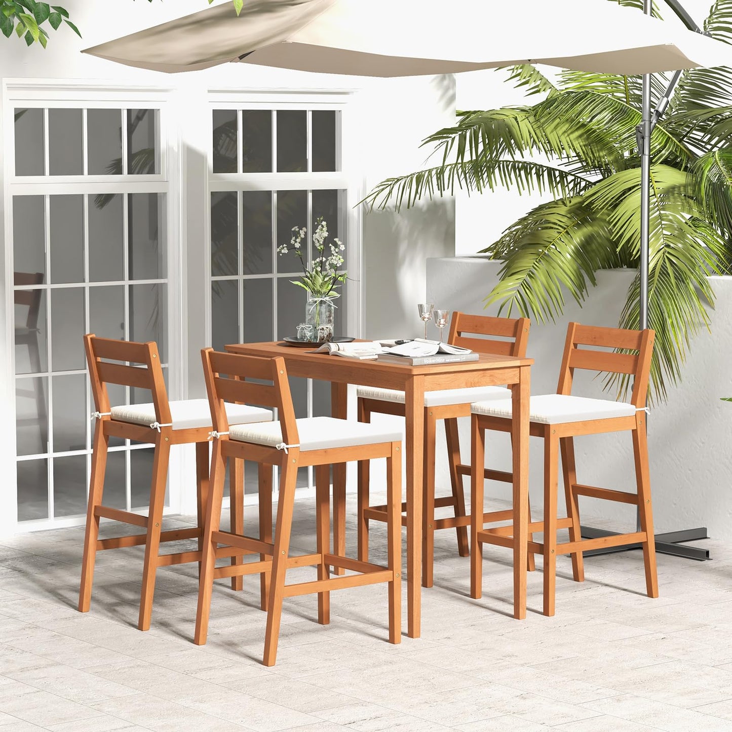 Tangkula 5 Pieces Patio Eucalyptus Wood Bar Set - HW71566+2*HW71567WH-2