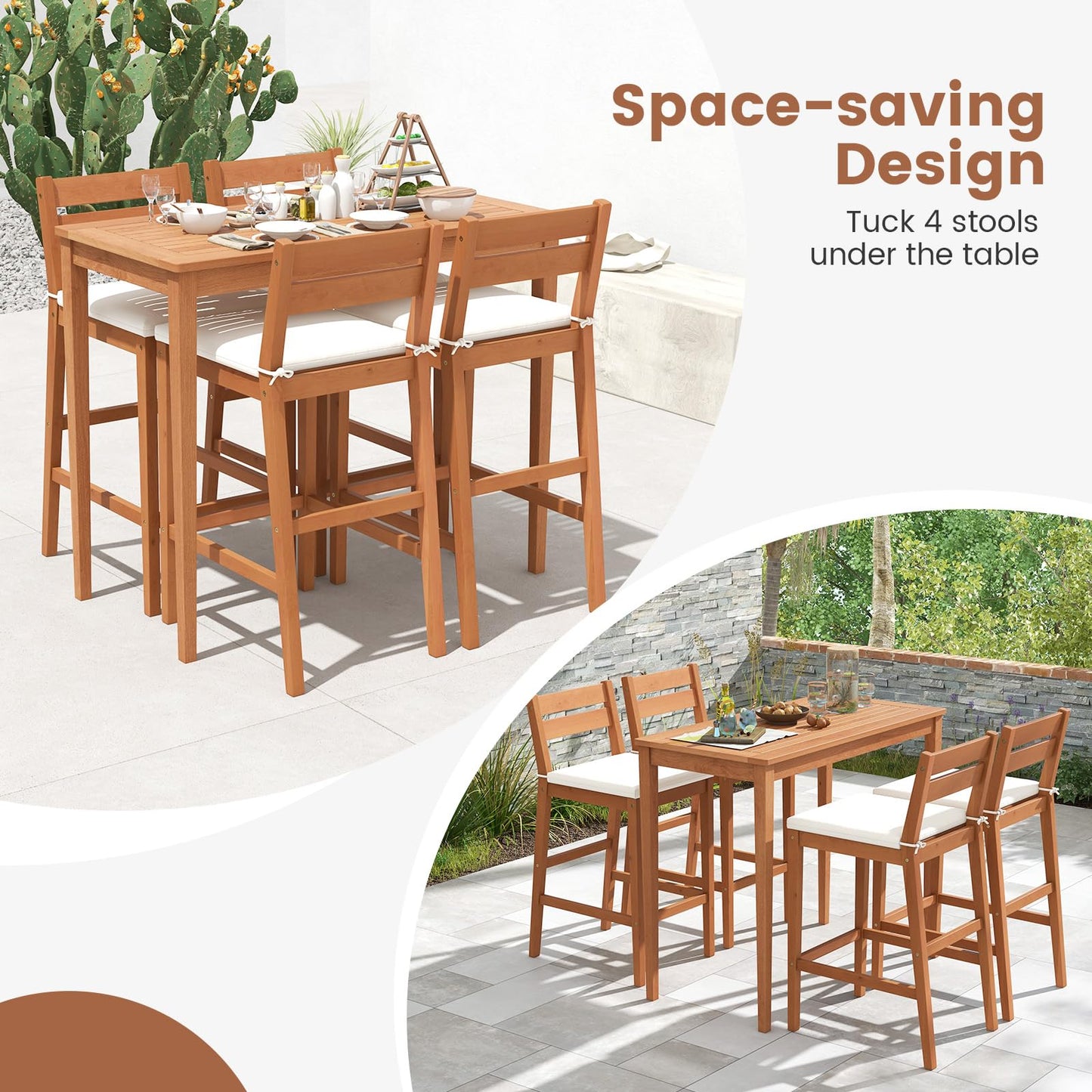 Tangkula 5 Pieces Patio Eucalyptus Wood Bar Set - HW71566+2*HW71567WH-2