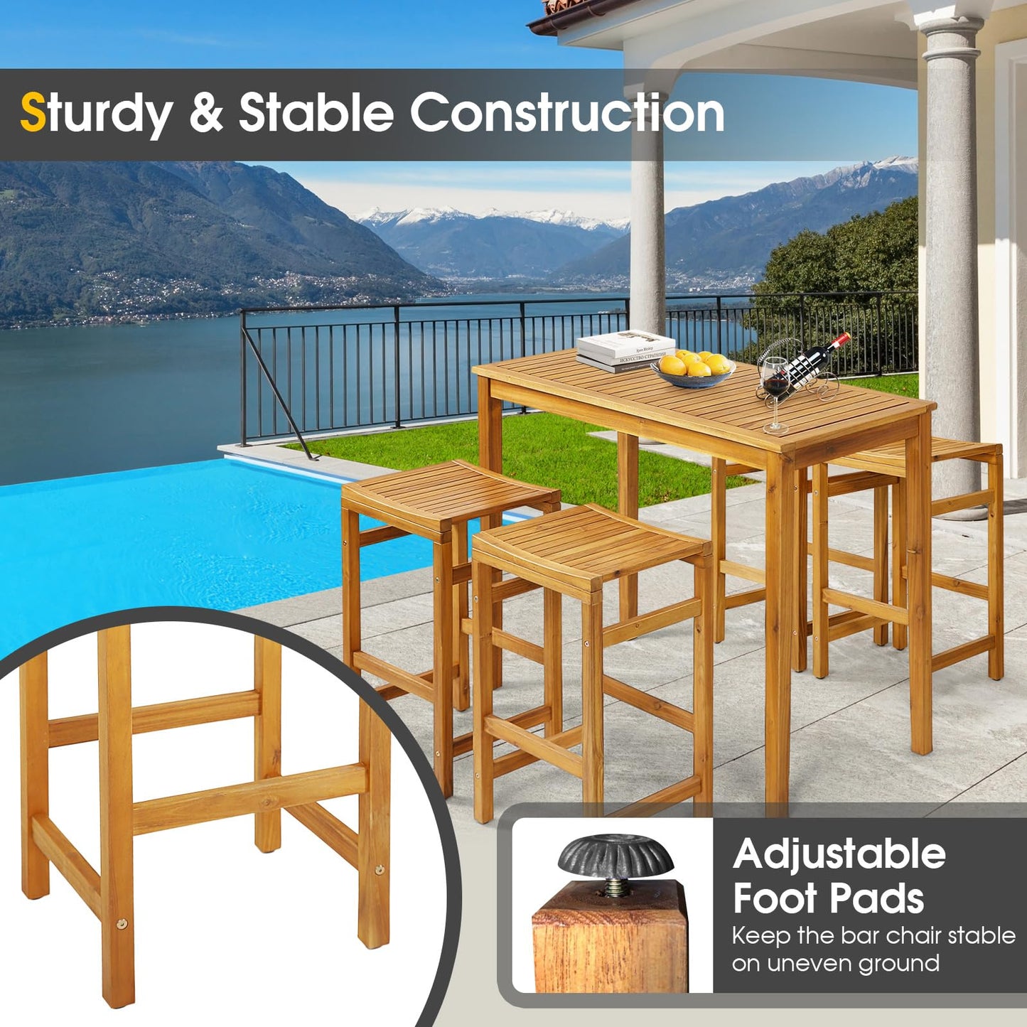 Tangkula 5 Piece Outdoor Acacia Wood Bar Table Set - HW71325+HW71326-4+HW71326-2 Price