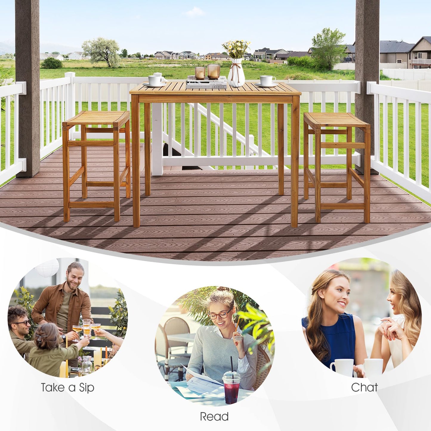 Tangkula 5 Piece Outdoor Acacia Wood Bar Table Set - HW71325+HW71326-4+HW71326-2 Price