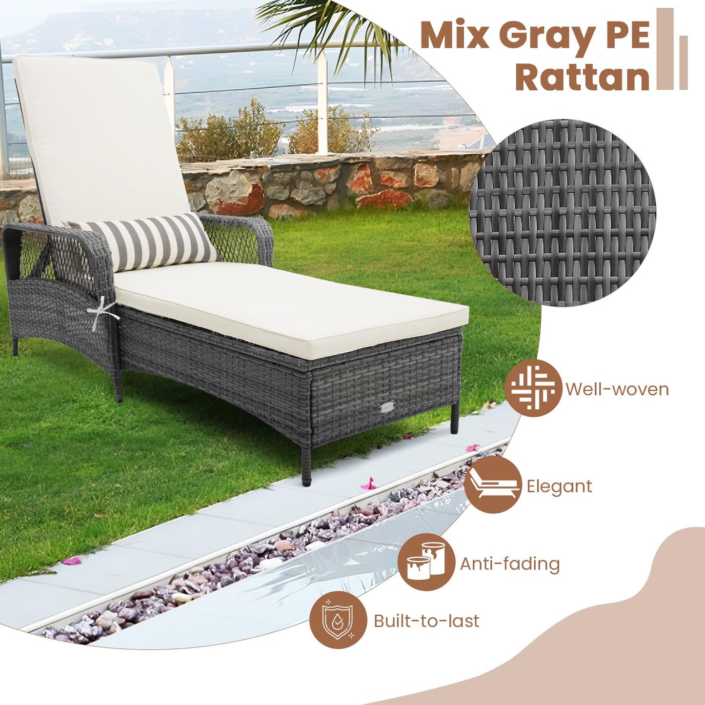 Tangkula Outdoor Chaise Lounge, Patio PE Recliner with 6-Level Backrest - HW71246