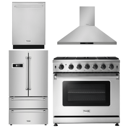Thor Kitchen 4 Piece Appliance Package - 36 in. Liquid Propane Range, Range Hood, Refrigerator & Dishwasher Appliance Package, AP-LRG3601ULP-3