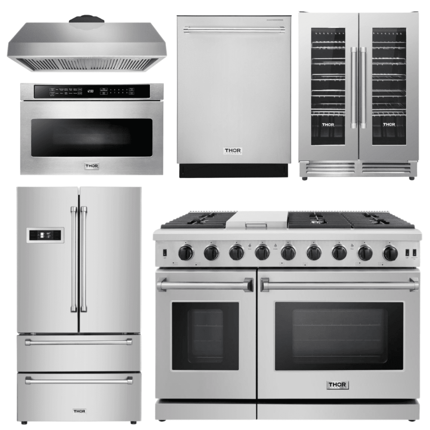 Thor Kitchen Appliance Package - 48 in. Gas Range, Range Hood, Refrigerator, Dishwasher, Wine Cooler, Microwave - AP-LRG4807U-8