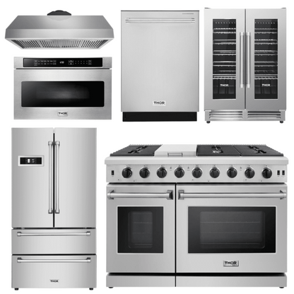 Thor Kitchen Appliance Package - 48 in. Gas Range, Range Hood, Refrigerator, Dishwasher, Wine Cooler, Microwave - AP-LRG4807U-8