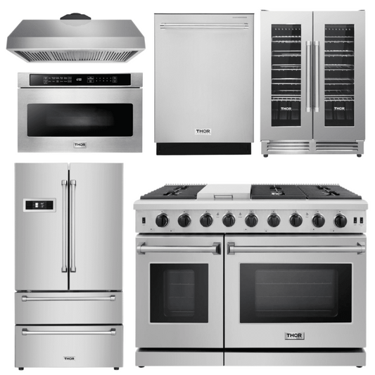 Thor Kitchen Appliance Package - 48 in. Gas Range, Range Hood, Refrigerator, Dishwasher, Wine Cooler, Microwave - AP-LRG4807U-8