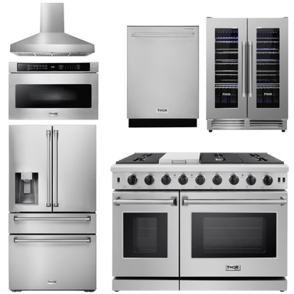 Thor Kitchen Appliance Package - 48 in. Propane Gas Range, Range Hood, Refrigerator with Water and Ice Dispenser, Dishwasher, Wine Cooler, Microwave, AP-LRG4807ULP-W-10