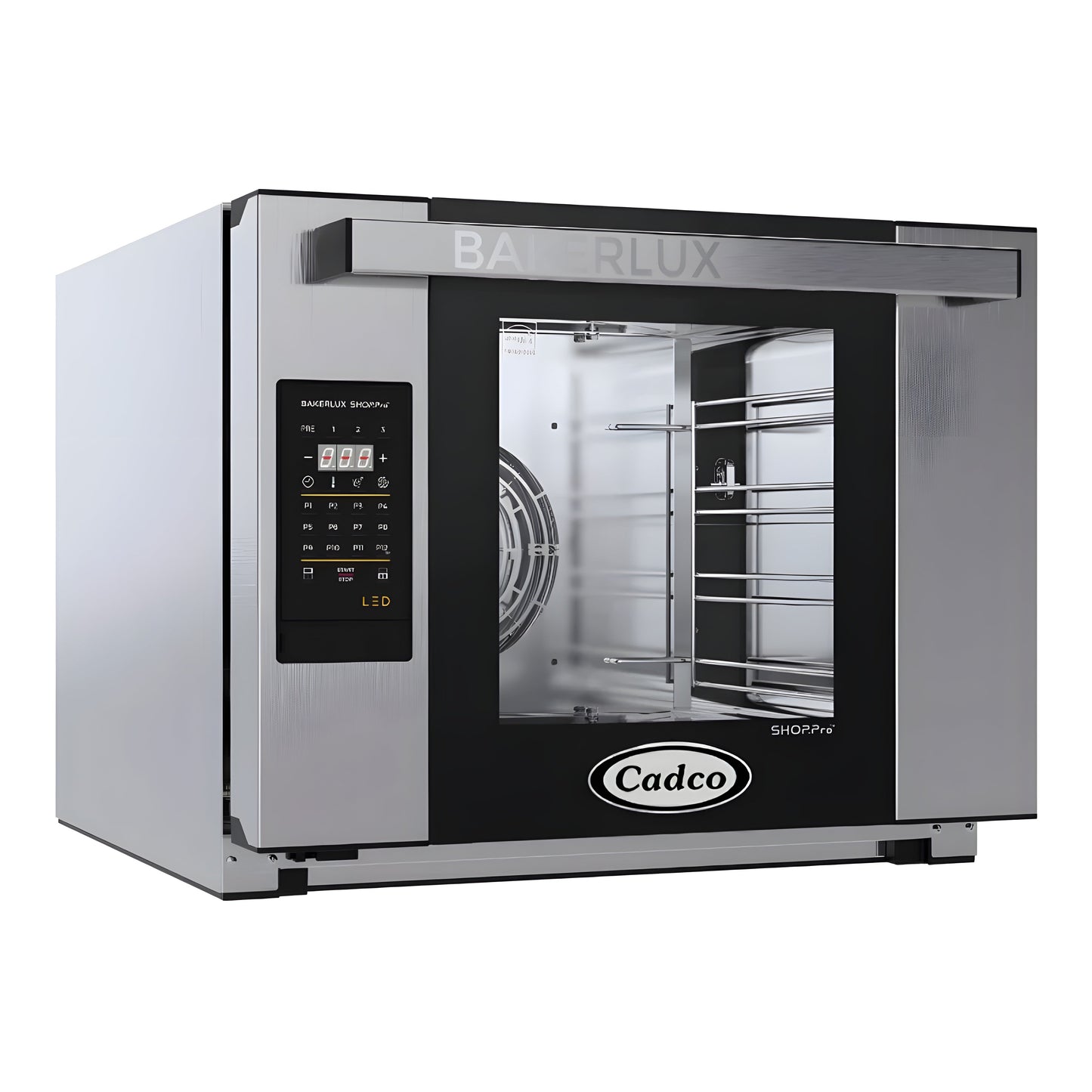 Cadco Bakerlux Station XAFT-04HS-LD 4-Shelf Half Size Heavy-Duty Digital Countertop Convection Oven with LED Control Panel - 208-240V - XAFT-04HS-LD