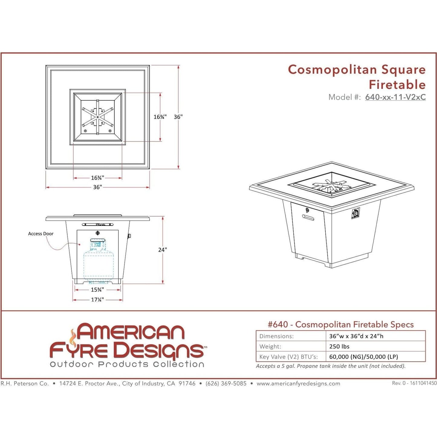 American Fyre Designs Cosomopolitan Square Firetable - 640-xx-11-F2xC