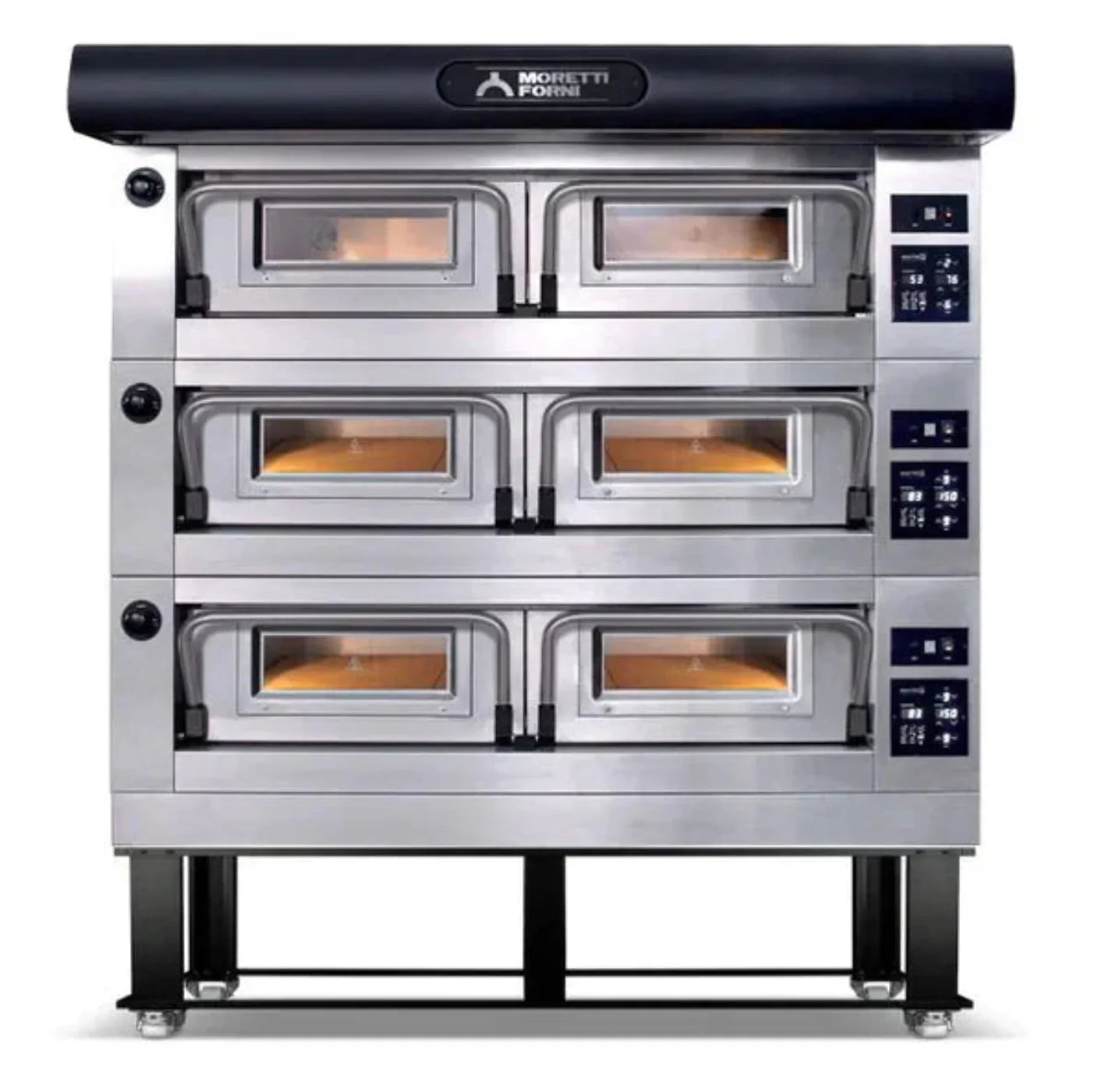 AMPTO Electric Pizza Oven P120 49'' x 26'' x 7'' (Chamber) 208/240/60/3 - 3 Decks with tray guide base - P120E A3X