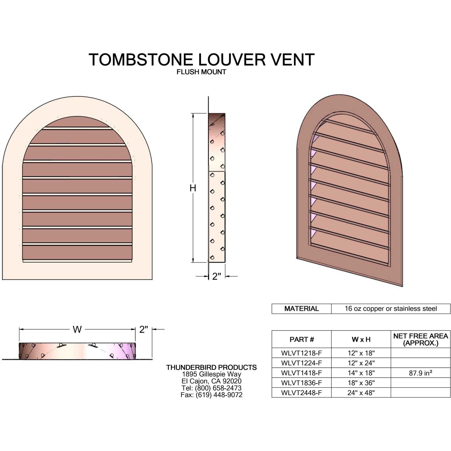 Copperlab Copper Tombstone Louvered Gable Wall Vent -WLVT1218F